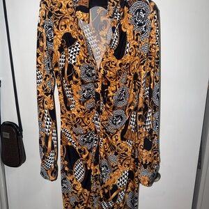 Fashion Nova Black and Gold Long Sleeve Dress